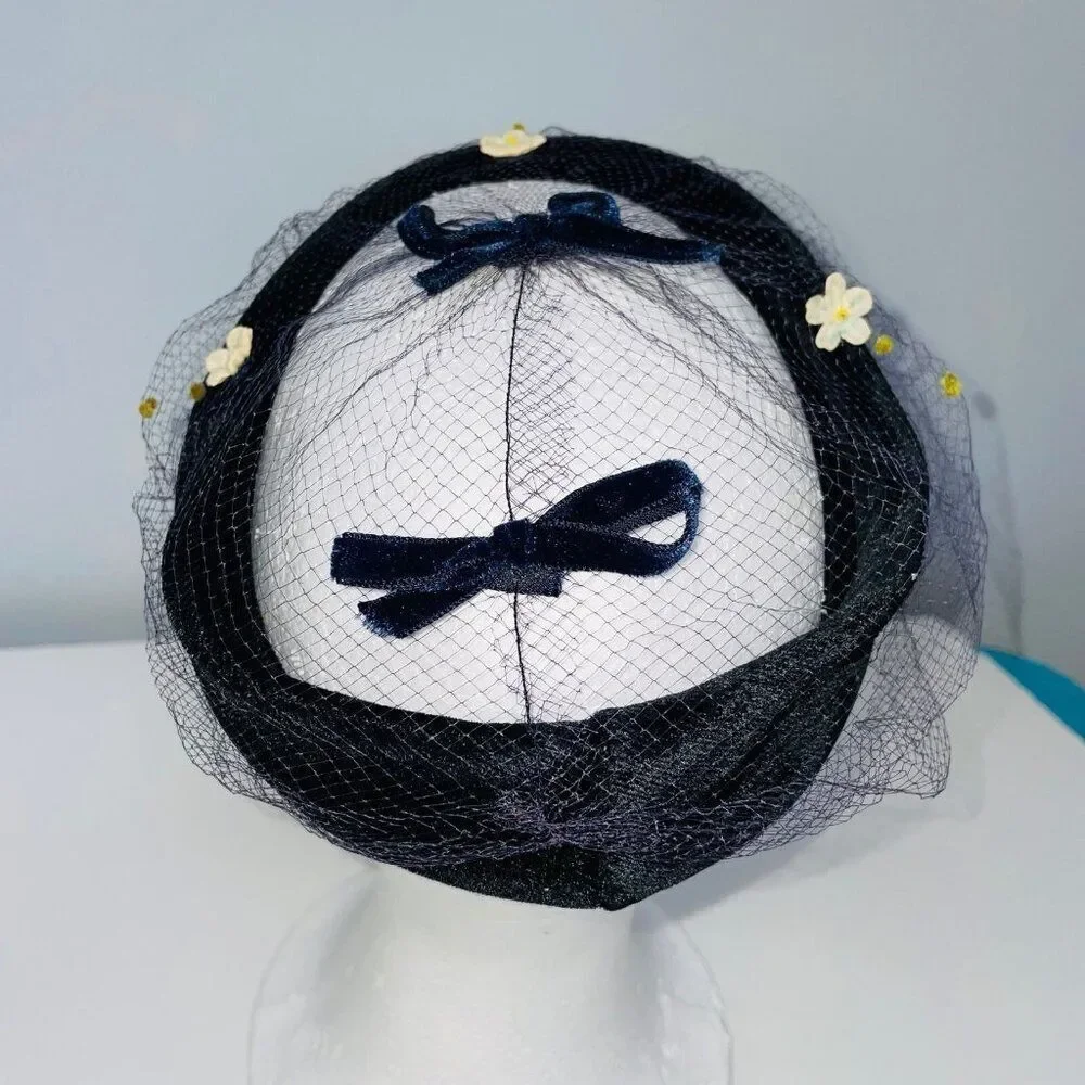 Vintage Crown Hat Black Velour Net Head Band Church Wedding Costume Theatre